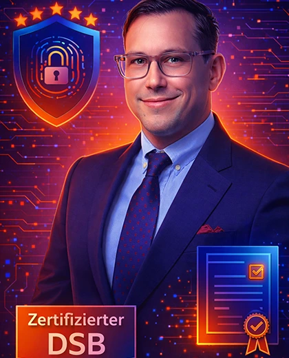 Porträt eines zertifizierten Datenschutzbeauftragten (DSB) mit Symbolen für IT-Sicherheit, DSGVO und Datenschutz