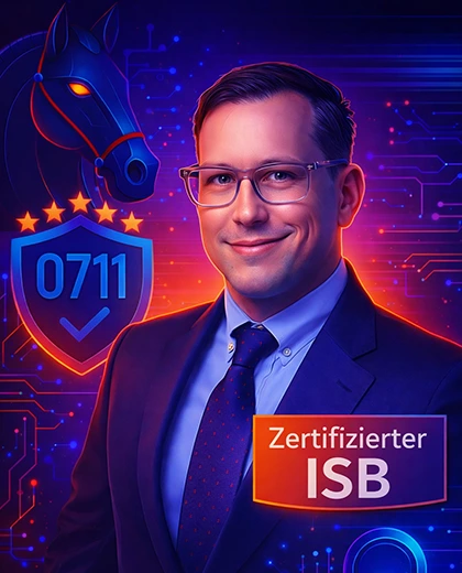 Illustration eines zertifizierten Informationssicherheitsbeauftragten (ISB) mit Schutzsymbolen und digitalem Hintergrund