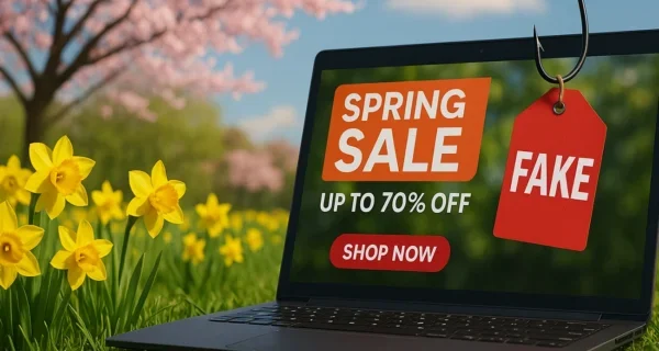 Laptop mit Frühlingsangebot und Fake-Warntag an einem blühenden Frühlingstag – Symbol für Fakeshops mit betrügerischen Angeboten