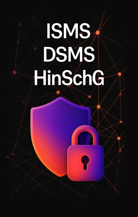 Visualisierung der IT-Sicherheitslösungen: ISMS, DSMS und Hinweisgeberschutz (HinSchG) mit Symbol für Datenschutz und Netzwerksicherheit