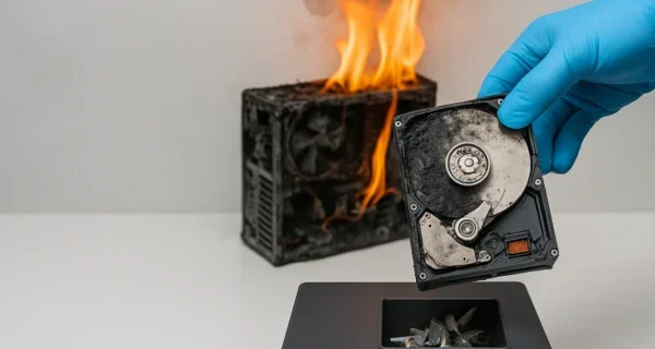 Eine verbrannte Festplatte wird von einer Person mit blauen Handschuhen gehalten, während im Hintergrund ein PC-Gehäuse brennt – Symbolbild für Datenschutz nach einem Brand.