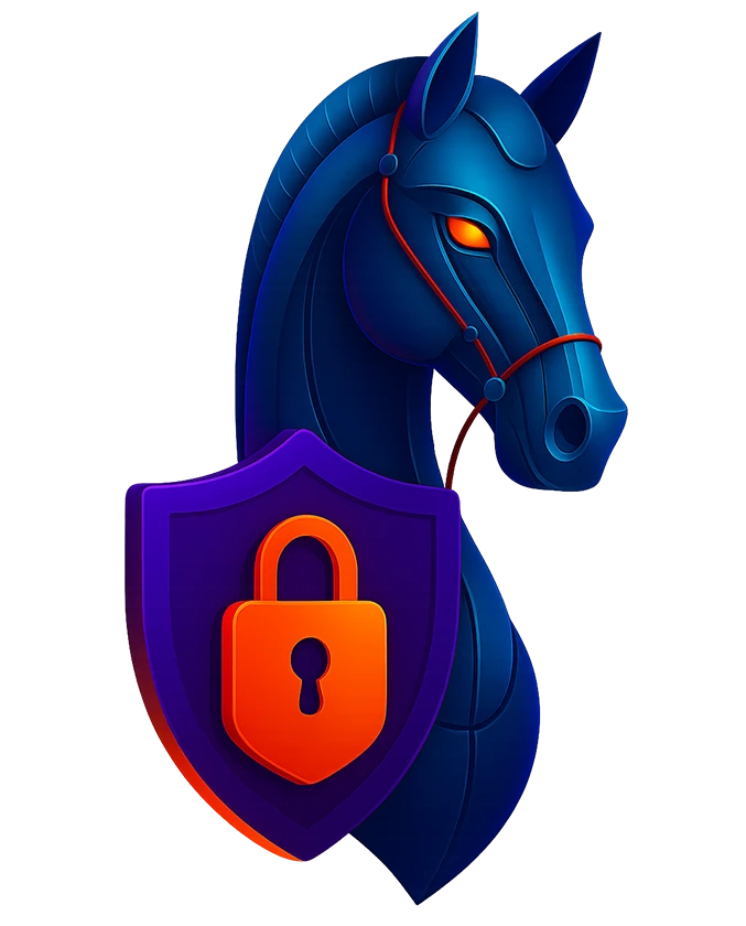 Futuristische Illustration mit Schutzschild, Symbolpferd und abstrakter Technik – steht für Datenschutz, IT-Sicherheit und maßgeschneiderte Beratung.