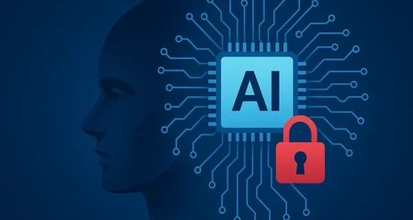 Silhouette eines Kopfes mit AI-Chip und rotem Vorhängeschloss – Symbolbild für Chancen und Risiken der künstlichen Intelligenz