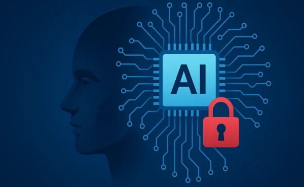 Silhouette eines Kopfes mit AI-Chip und rotem Vorhängeschloss – Symbolbild für Chancen und Risiken der künstlichen Intelligenz