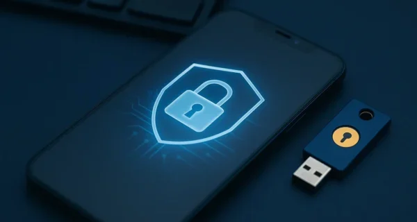 Smartphone mit digitalem Schloss-Symbol und USB-Sicherheitsschlüssel auf dunkler Oberfläche – Symbol für sichere Passkey-Anmeldung