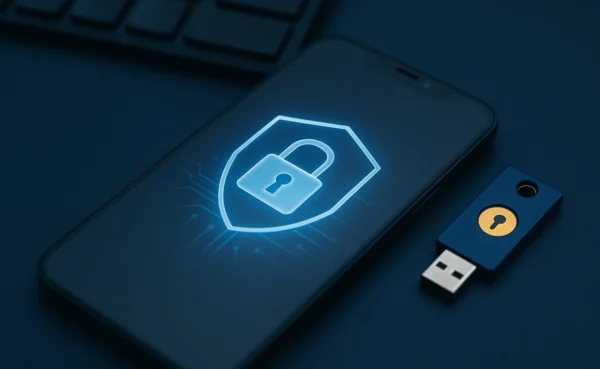 Smartphone mit digitalem Schloss-Symbol und USB-Sicherheitsschlüssel auf dunkler Oberfläche – Symbol für sichere Passkey-Anmeldung
