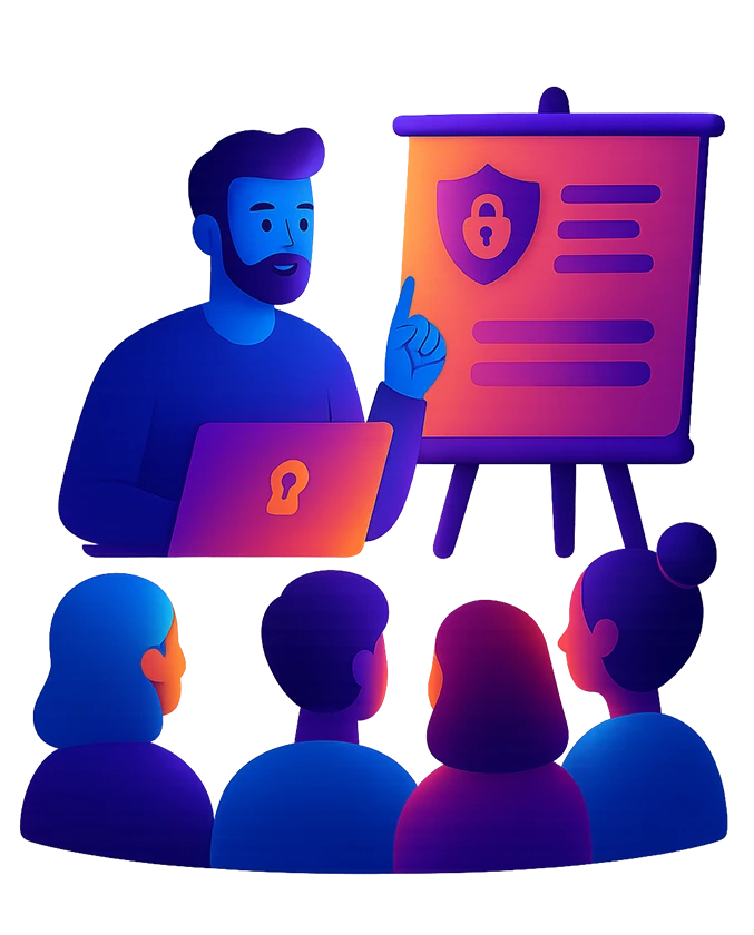 Illustration einer Schulung zu Datenschutz, IT-Sicherheit und Awareness für Teams und Führungskräfte