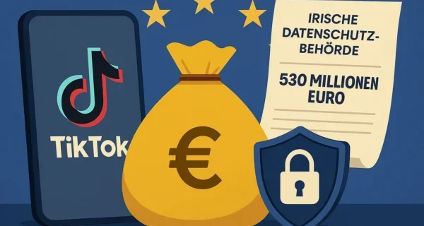 Illustration zeigt eine symbolische Darstellung eines hohen Bußgelds gegen TikTok durch eine europäische Datenschutzbehörde aufgrund von Datenschutzverstößen gemäß DS-GVO.