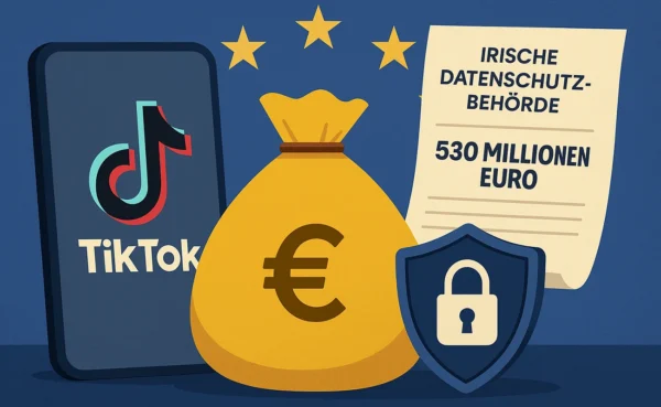 Illustration zeigt eine symbolische Darstellung eines hohen Bußgelds gegen TikTok durch eine europäische Datenschutzbehörde aufgrund von Datenschutzverstößen gemäß DS-GVO.