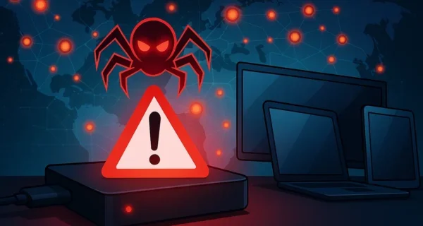 Visualisierung vernetzter IoT-Geräte mit Warnsymbol für Malware-Infektion durch Badbox 2.0