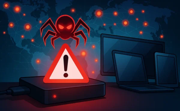 Visualisierung vernetzter IoT-Geräte mit Warnsymbol für Malware-Infektion durch Badbox 2.0