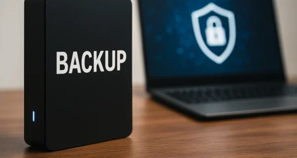 Externe Festplatte als Symbol für Backup-Systeme zur Datensicherung im Unternehmen