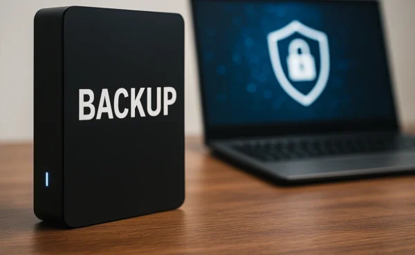Externe Festplatte als Symbol für Backup-Systeme zur Datensicherung im Unternehmen