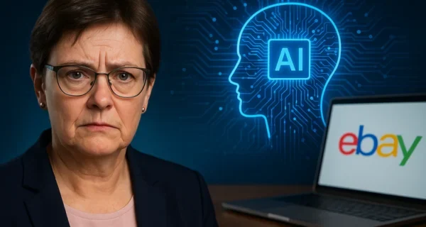 Symbolische Darstellung von Datenschutz und künstlicher Intelligenz im Kontext von eBay mit abstrakter Nutzerin im Fokus
