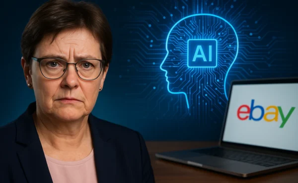 Symbolische Darstellung von Datenschutz und künstlicher Intelligenz im Kontext von eBay mit abstrakter Nutzerin im Fokus