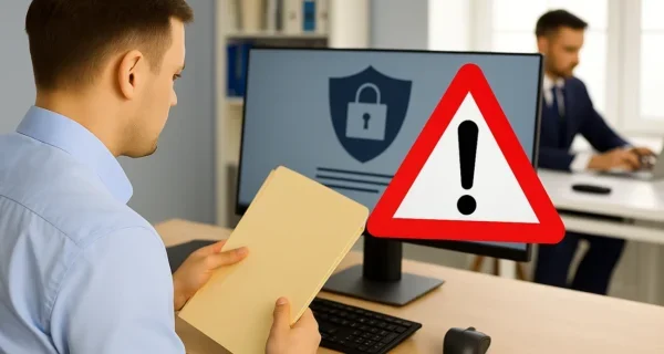 Ein Büroangestellter greift ohne Autorisierung auf vertrauliche Dokumente am Computer zu – symbolisch für datenschutzrechtliche Verstöße durch Mitarbeitende.