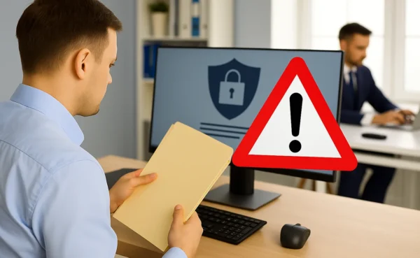 Ein Büroangestellter greift ohne Autorisierung auf vertrauliche Dokumente am Computer zu – symbolisch für datenschutzrechtliche Verstöße durch Mitarbeitende.