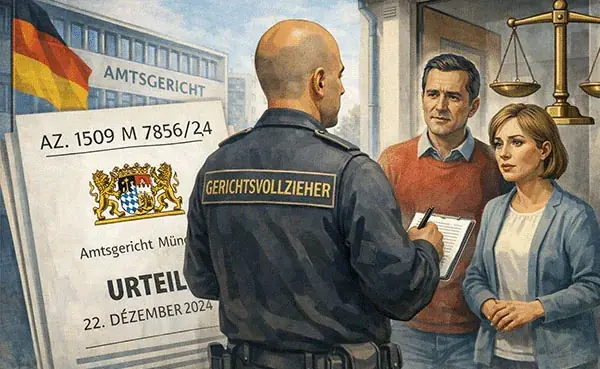 Illustration zum Urteil des AG München zur Befragung von Nachbarn durch Gerichtsvollzieher im Rahmen der Zwangsvollstreckung.