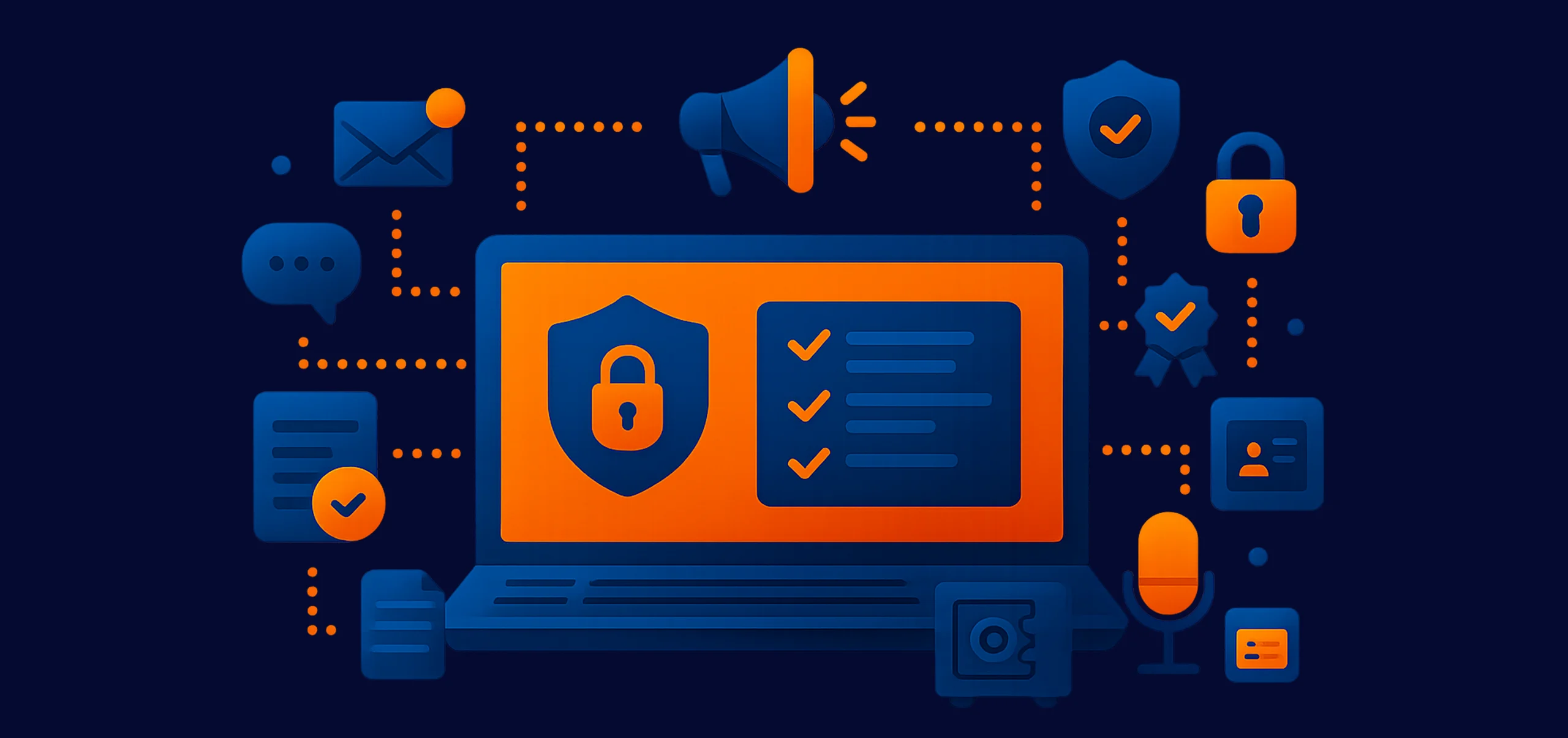Illustration eines IT-Compliance-Systems mit Laptop, Sicherheitssymbolen, Hinweisgeberschutz-Portal, ISMS und DSMS
