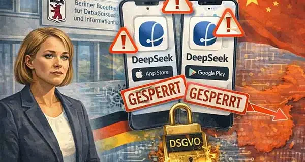 Illustration zur Datenschutzmeldung der Berliner Datenschutzbeauftragten gegen die KI-App DeepSeek wegen Datenübermittlung nach China.
