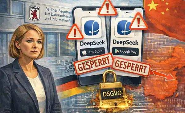 Illustration zur Datenschutzmeldung der Berliner Datenschutzbeauftragten gegen die KI-App DeepSeek wegen Datenübermittlung nach China.