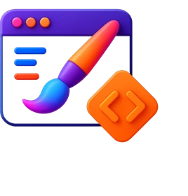 Icon für Webdesign und Hosting mit Pinsel und Code-Symbol, modern und farbenfroh