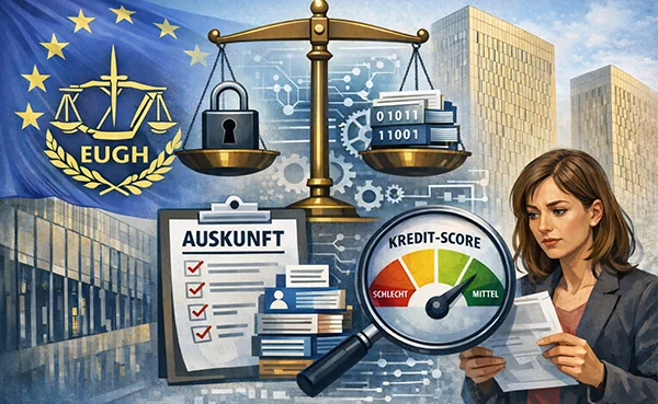Illustration zum EuGH-Urteil über automatisierte Bonitätsprüfung und das Auskunftsrecht von Verbrauchern bei Kredit-Scorings.