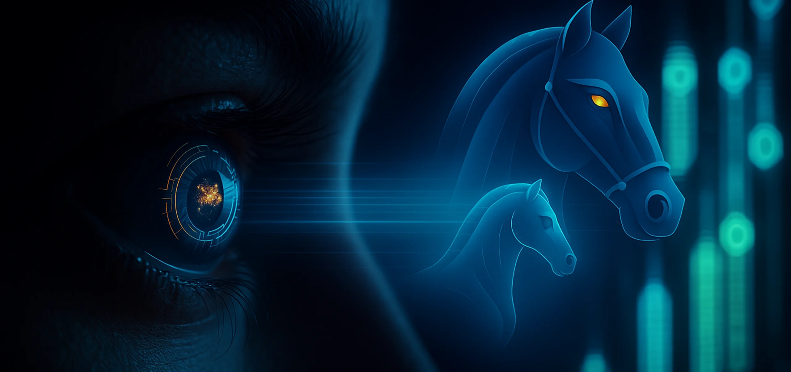 Symbolisches Bild: Ein Auge projiziert ein digitales Pferd – Darstellung externer Informationssicherheitsbeauftragter und Cyber Security