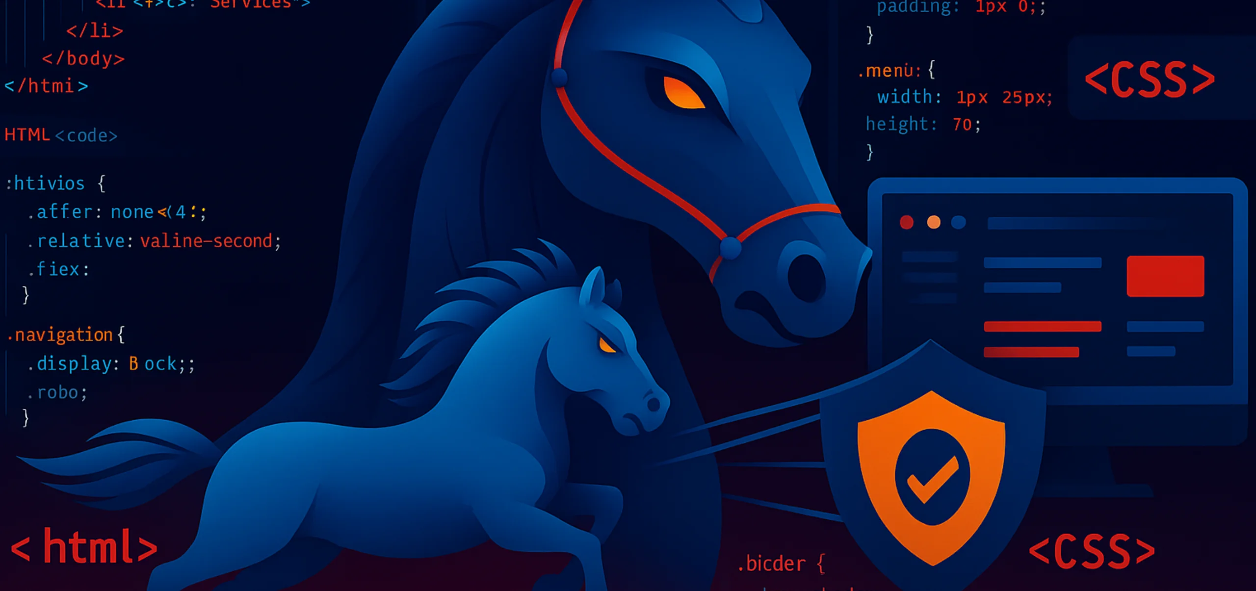 Illustration eines stilisierten blauen Pferdes mit HTML- und CSS-Code-Elementen sowie einem Monitor – Symbol für Webdesign- und Hosting-Service der Agentur 0711IT&Design