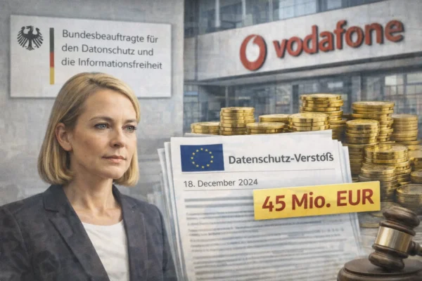 Symbolbild zum von der Bundesdatenschutzbeauftragten verhängten DSGVO-Bußgeld in Höhe von 45 Millionen Euro gegen Vodafone.