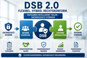 Symbolbild für eine hybride Aufgabenteilung zwischen Datenschutzbeauftragtem, internen Teams und externen Datenschutzexperten.