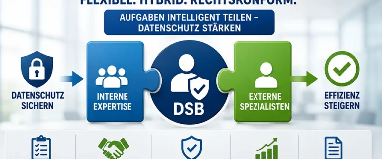 Symbolbild für eine hybride Aufgabenteilung zwischen Datenschutzbeauftragtem, internen Teams und externen Datenschutzexperten.