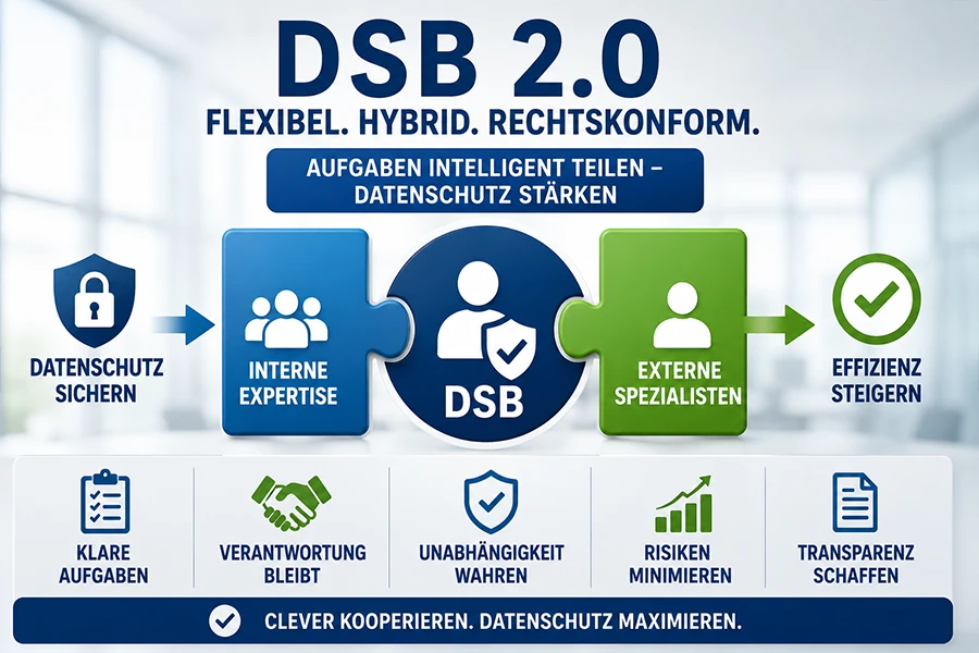 Symbolbild für eine hybride Aufgabenteilung zwischen Datenschutzbeauftragtem, internen Teams und externen Datenschutzexperten.