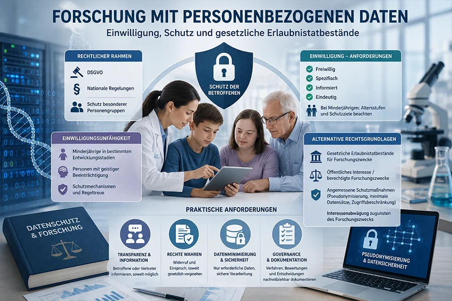 Symbolbild zur Verarbeitung personenbezogener Daten in der Forschung bei fehlender oder eingeschränkter Einwilligungsfähigkeit.